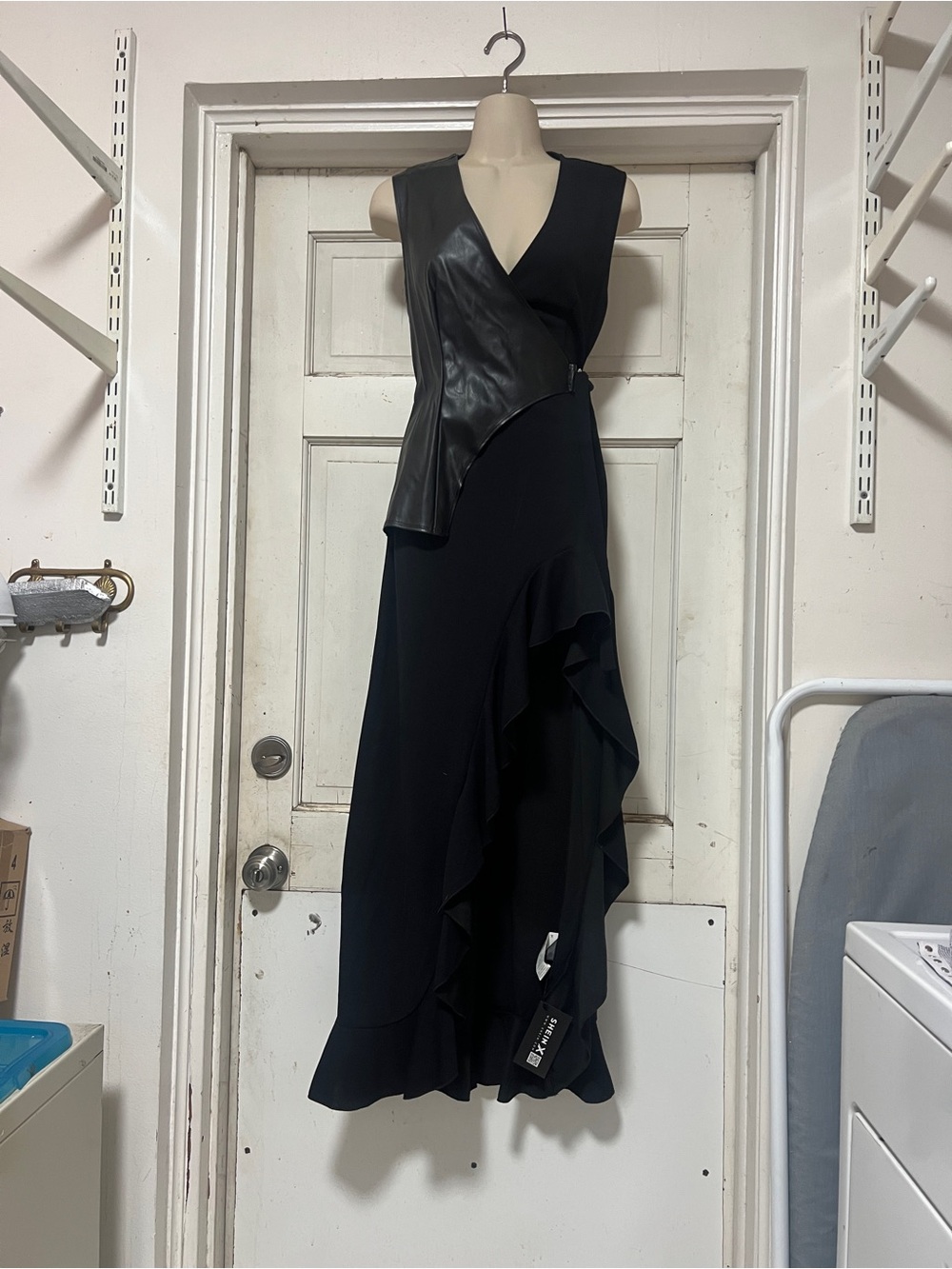 Edgy Goth Black Asymmetric Faux-Leather Panel Ruffle Dress XS NWT